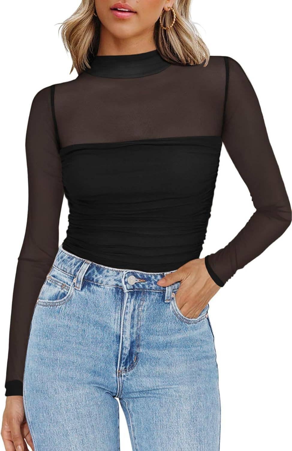 Mesh Sheer Half-Neck Plain Sexy Top