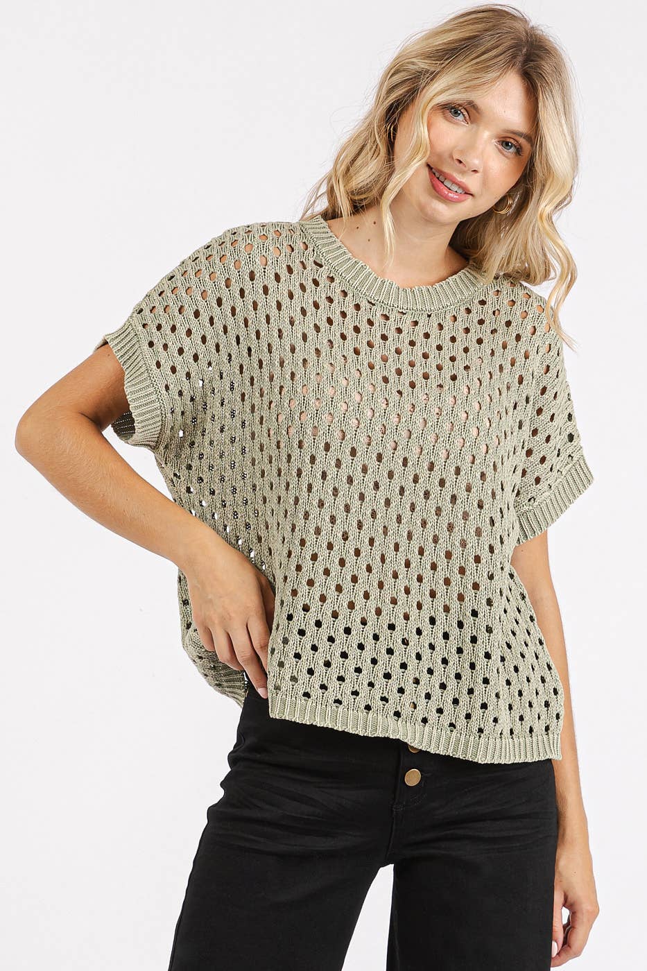MINERAL WASH OPEN KNIT SHORT SLEEVE SWEATER TOP
