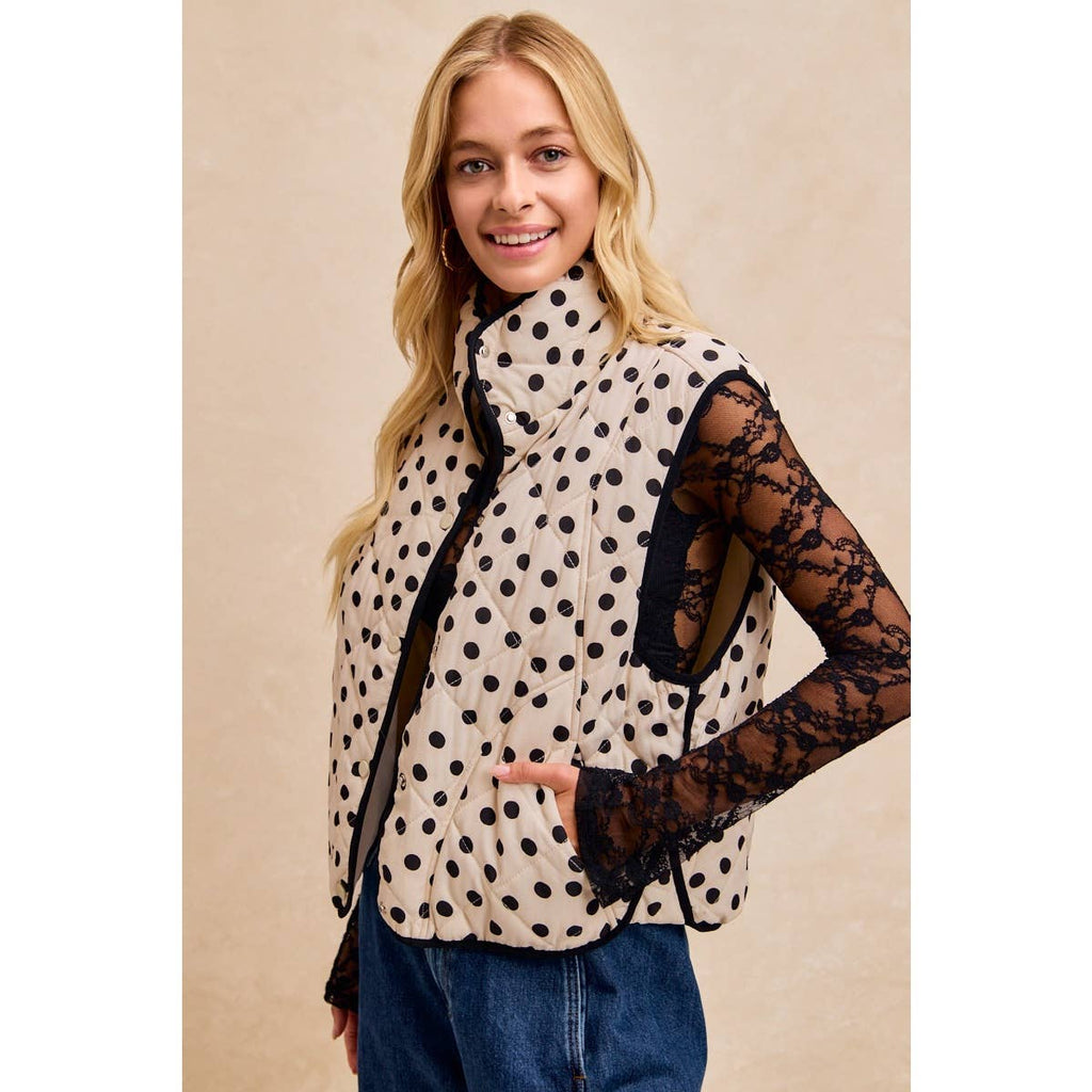 POLKA DOT PRINT PIPING DETAIL QUILTED VEST