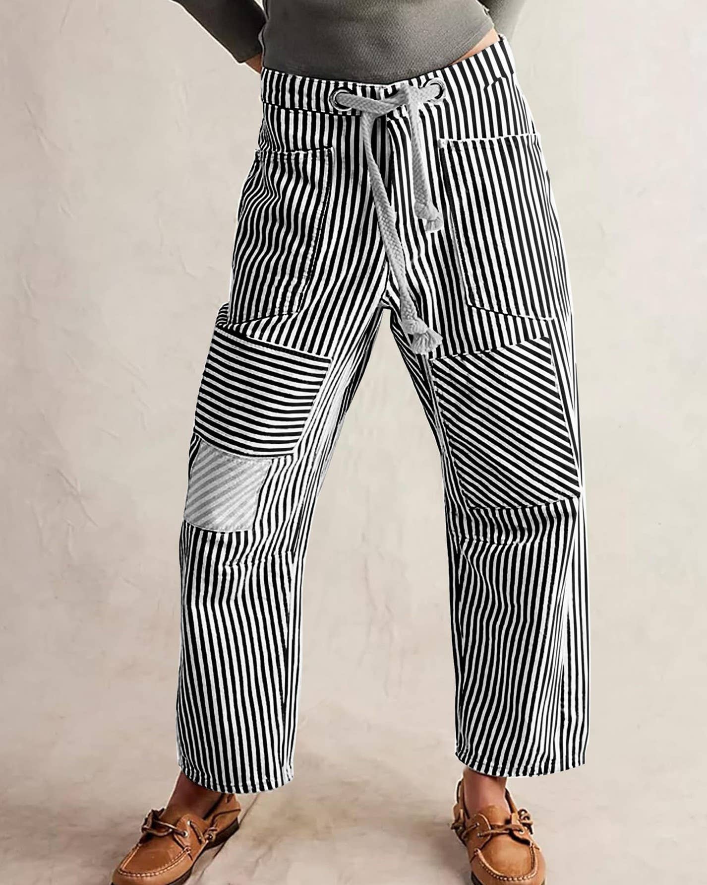 Casual Striped Drawstring Wide-Leg Pants