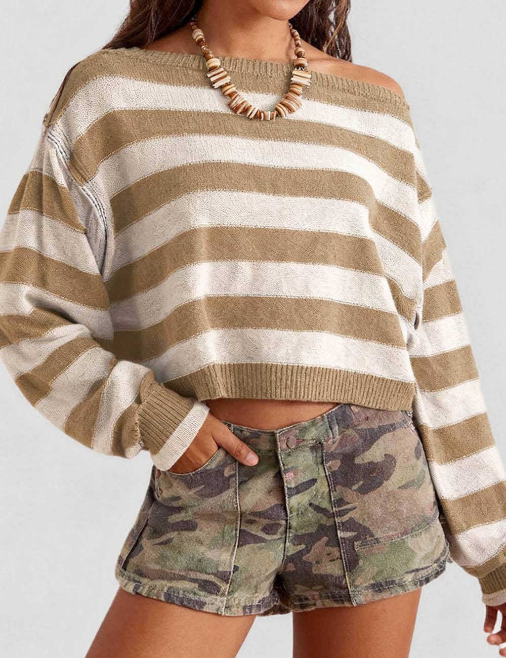 Ladies Striped Knit Round Neck Long Sleeves Knit Sweater