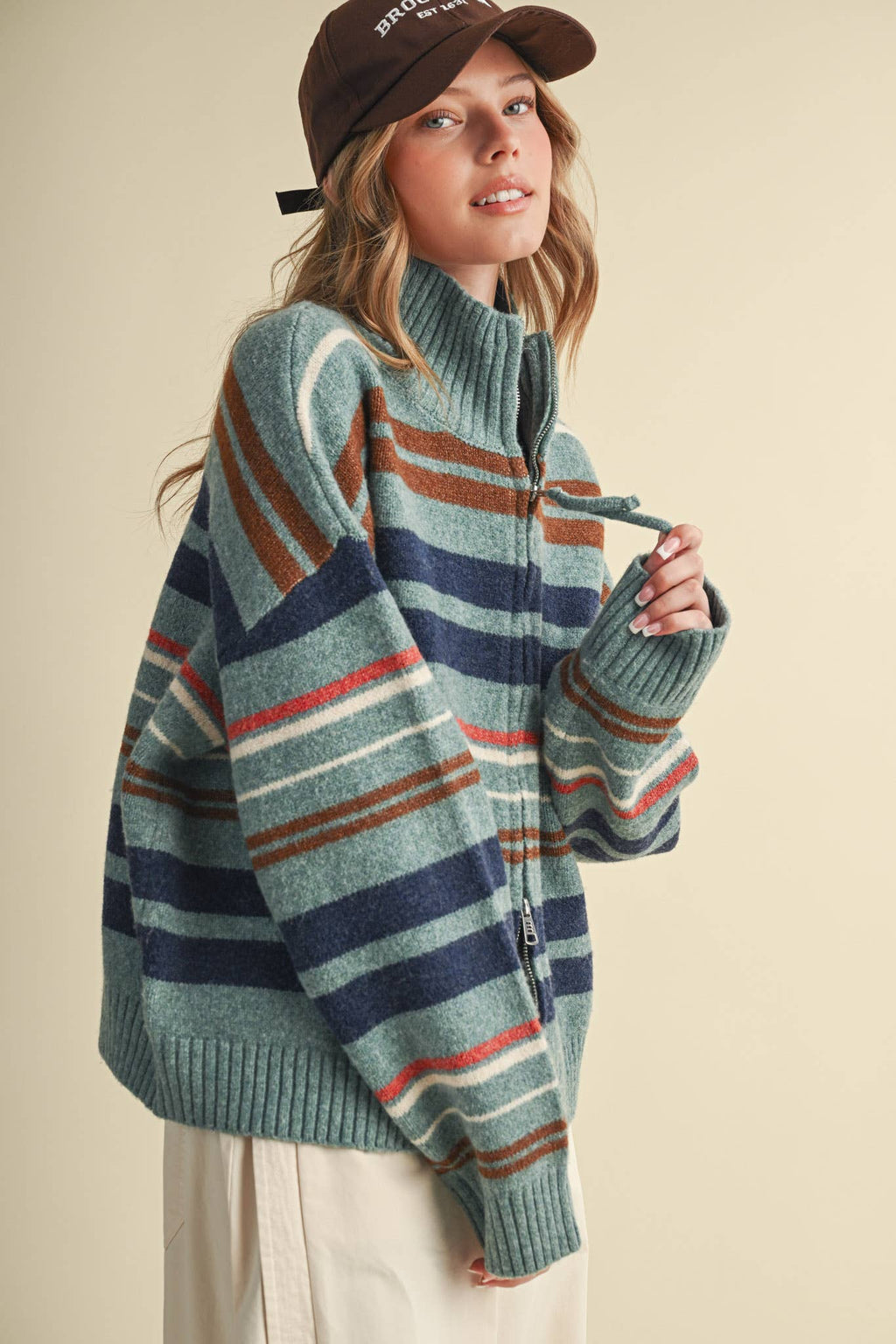 STRIPED MOCK NECK ZIP UP CARDIGAN