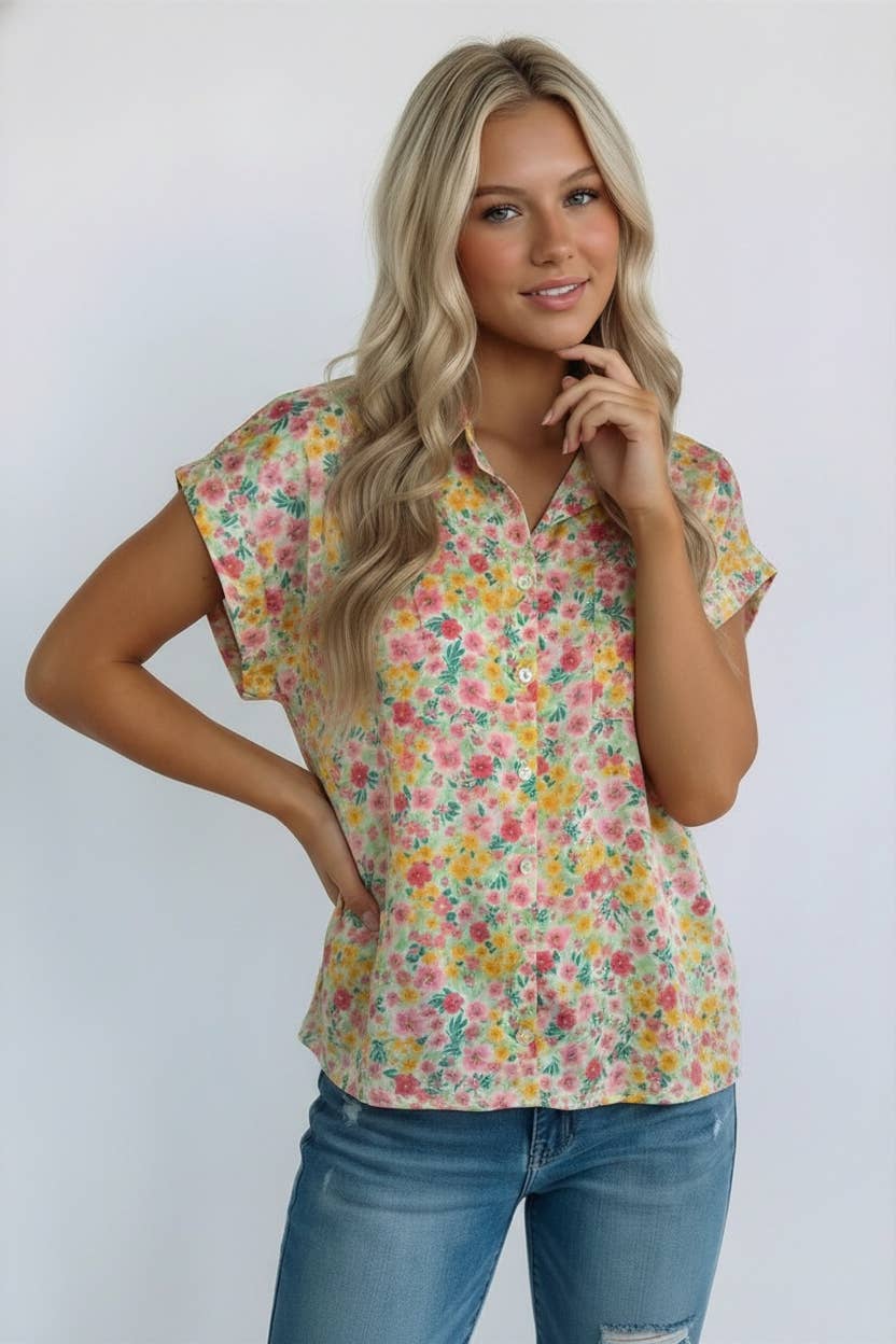 COLLAR BUTTON UP SHORT SLEEVE FLORAL RPINT SHIRT