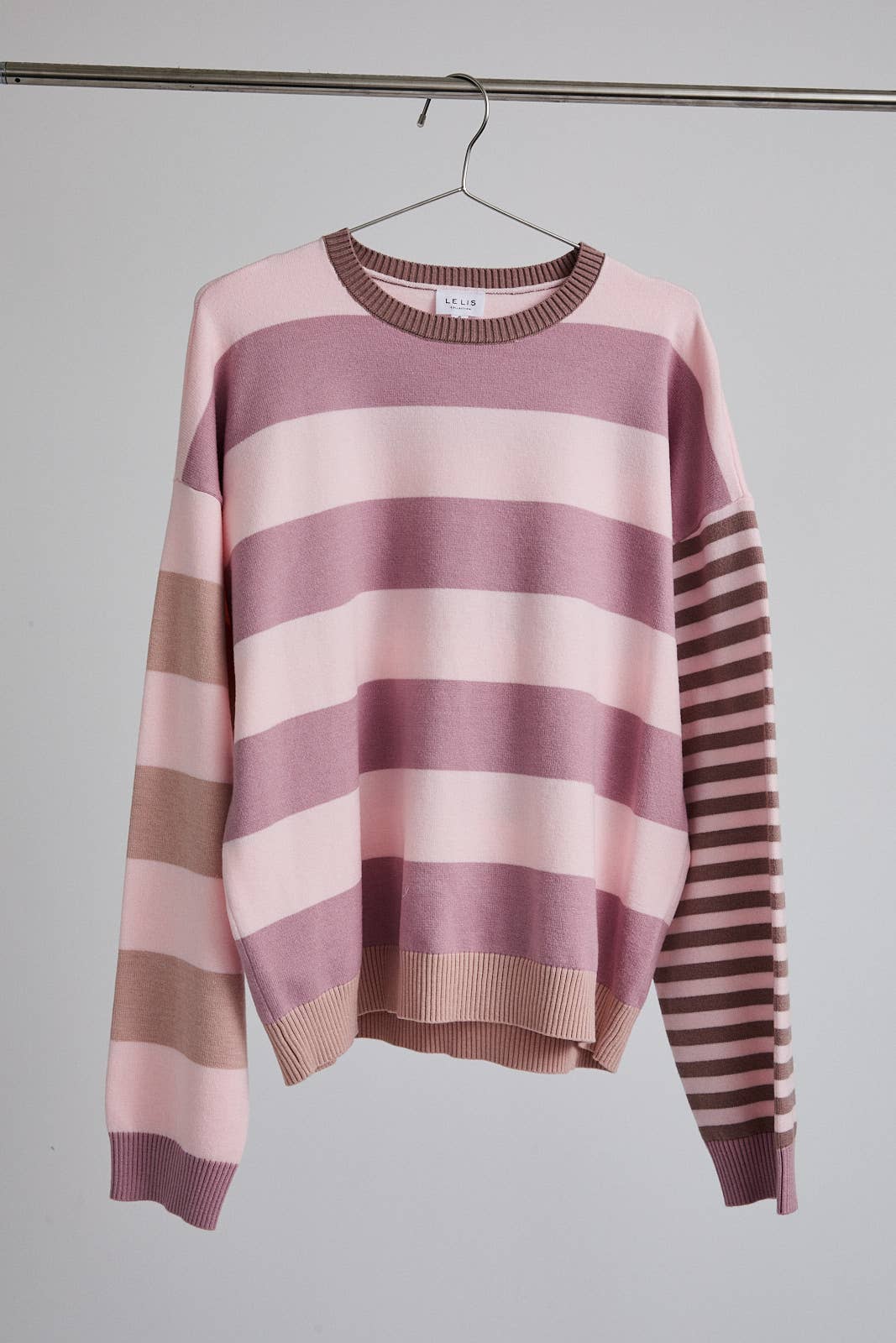 ROUND NECK LONG SLEEVE STRIPE SWEATER TOP