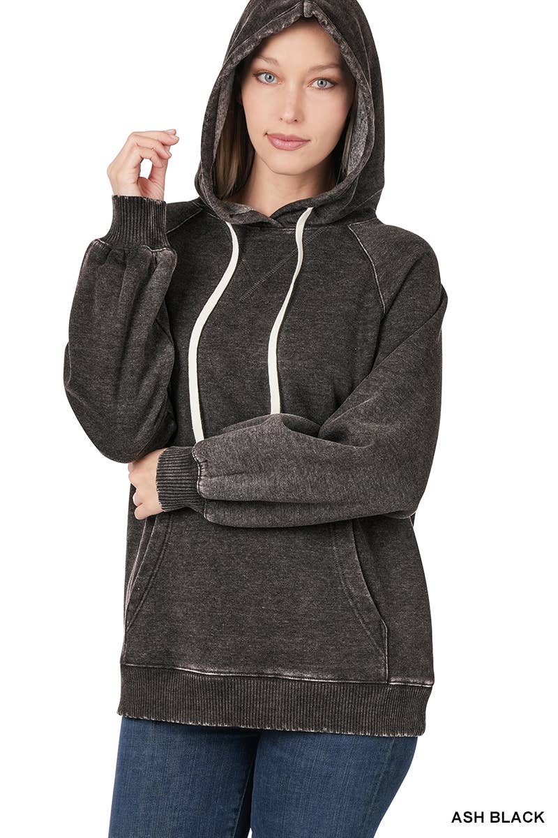 Acid Wash Fleece Hoodie With Pockets