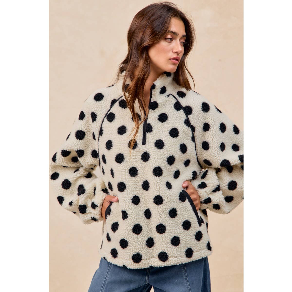 POLKA DOT SHERPA HALF ZIP UP TOP WITH SIDE POCKET