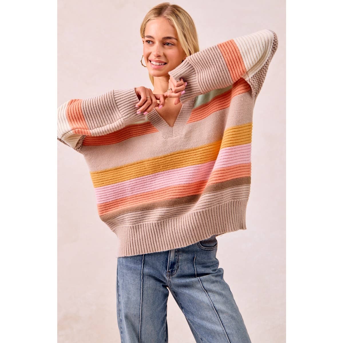 MULTI COLORS STRIPES RIB BANDED V-NECK SWEATER TOP