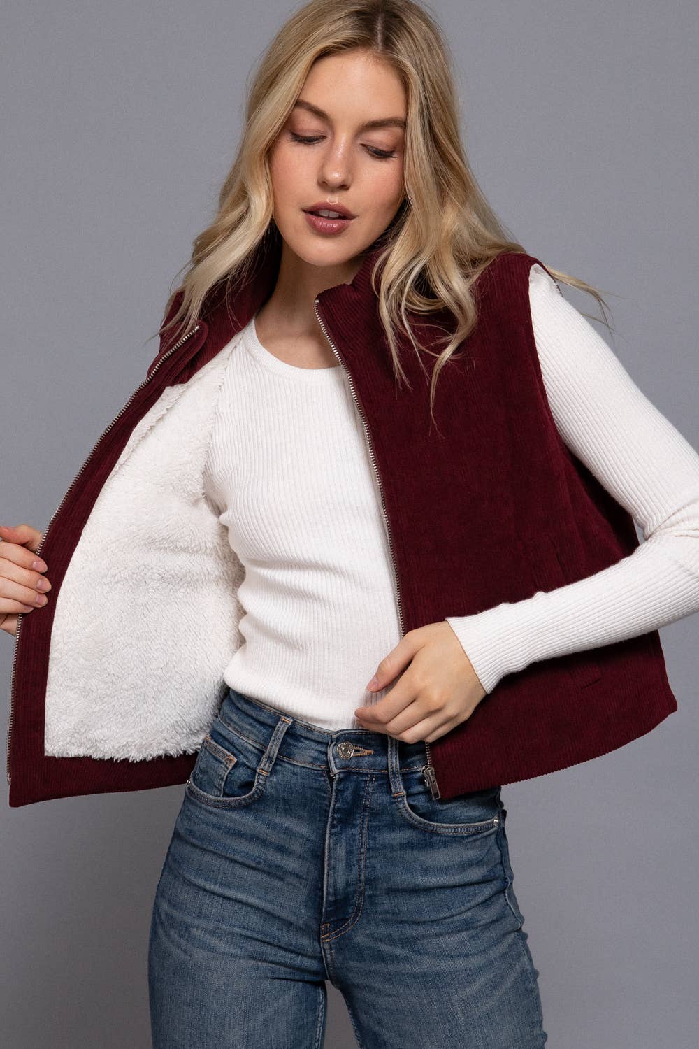 High Neck Inner Faux Fur Zip Up Corduroy Puffer Vest