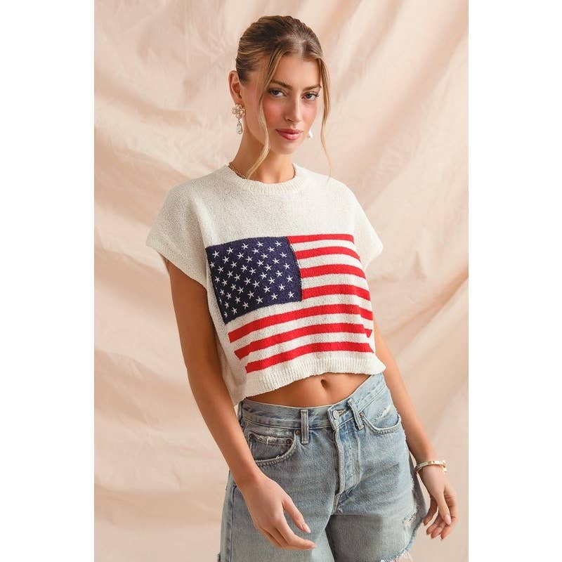 FOURTH OF JULY AMERICAN FLAG BOXY FIT SWEATER TOP