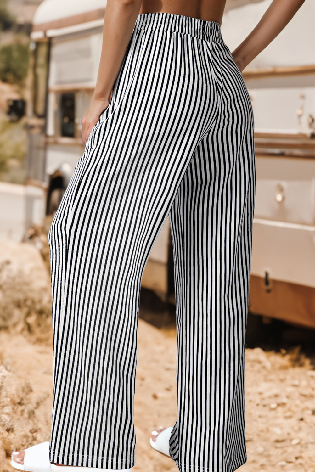 Fashion-W Elastic High Waist Pocketed Loose Pants
