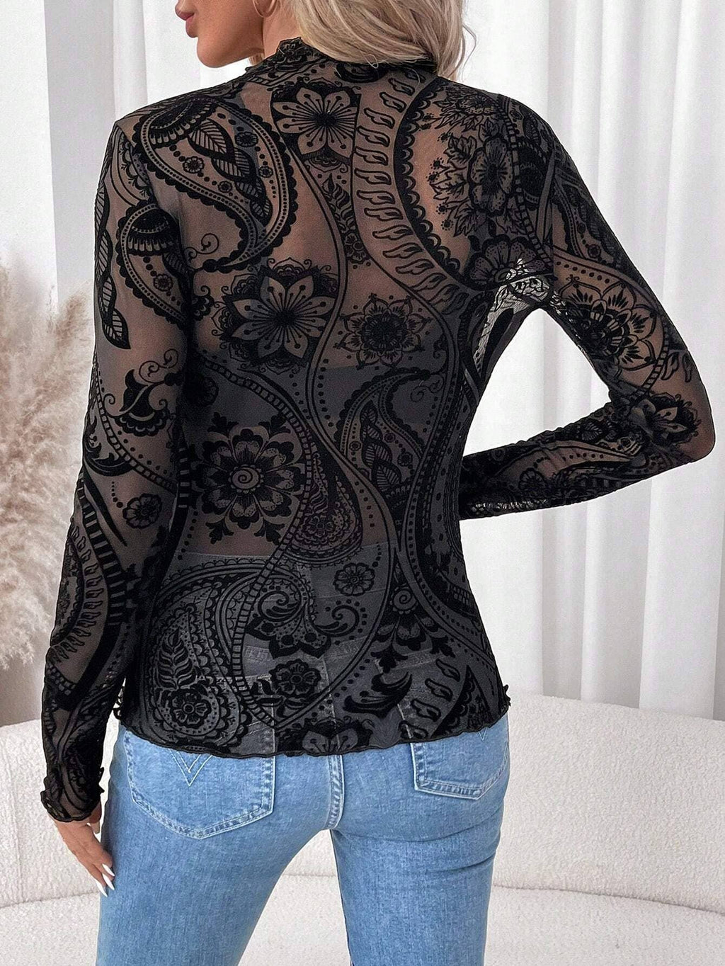 Paisley Velvet Print Mesh Top