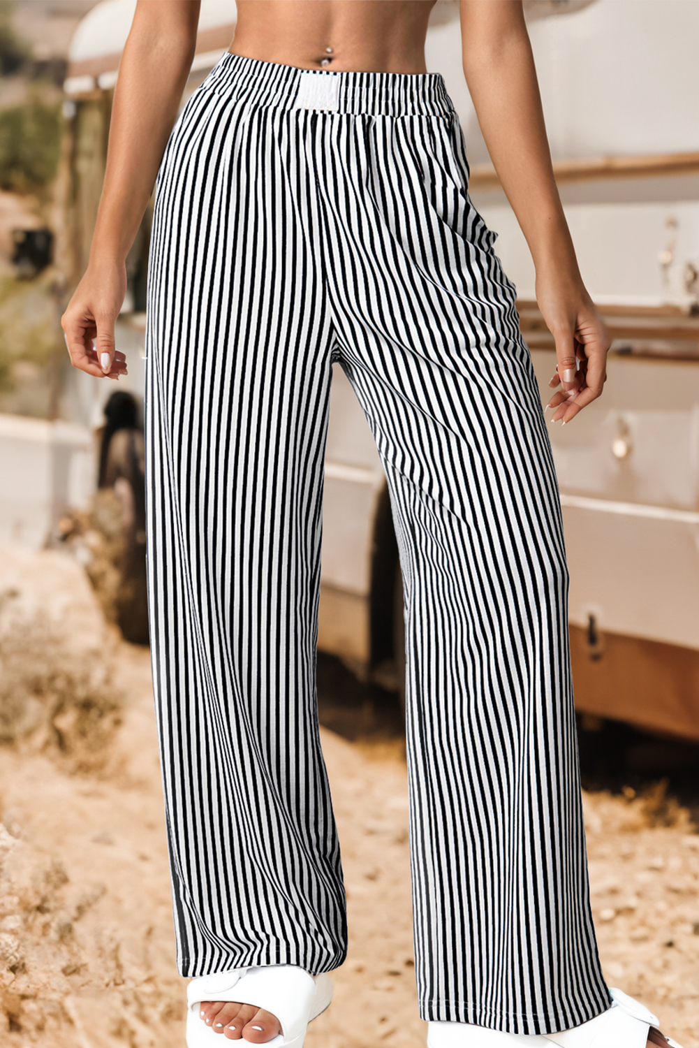 Fashion-W Elastic High Waist Pocketed Loose Pants