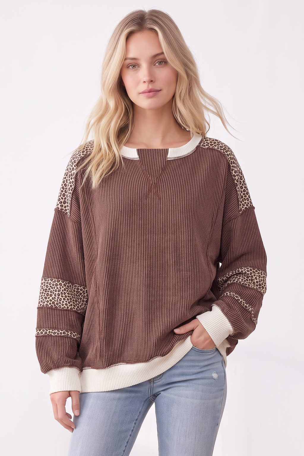Leopard Print Contrast ribbed Sweatshirt
