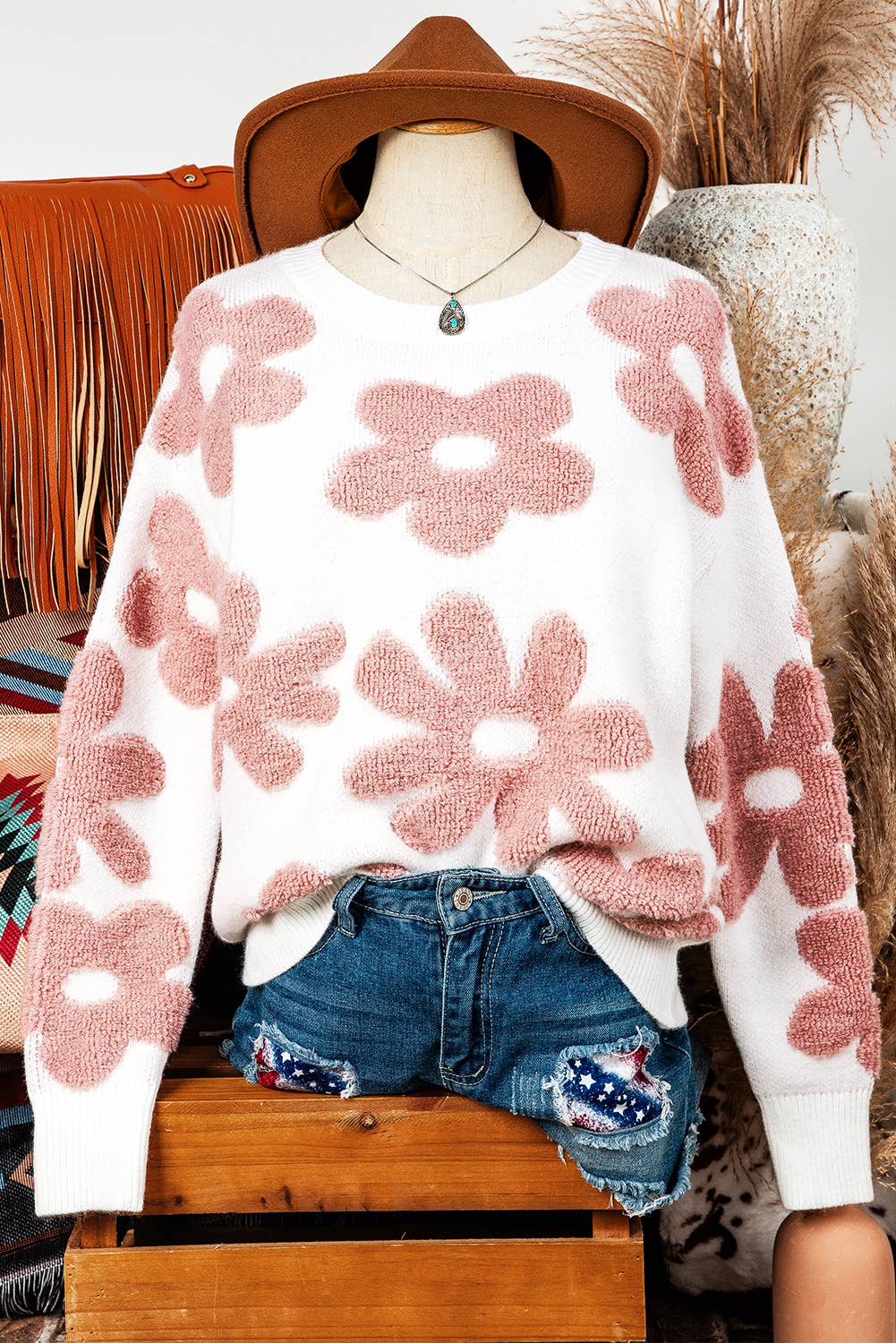 Fashion Fall Texture Flower Drop Shoulder Loose Sweater