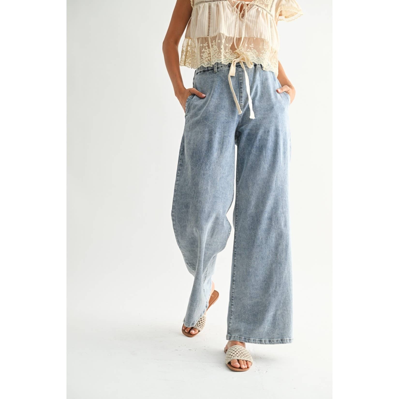 Wide-leg Denim Trousers With Twill Tape Drawstring