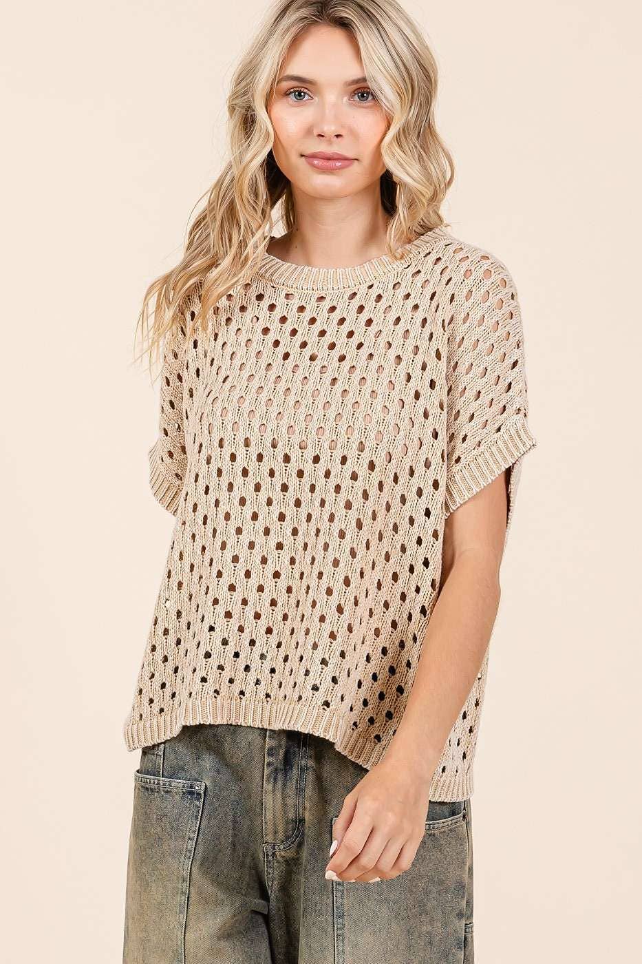 MINERAL WASH OPEN KNIT SHORT SLEEVE SWEATER TOP