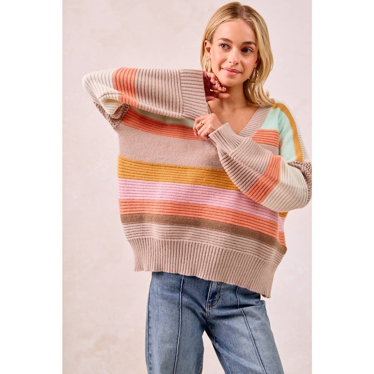 MULTI COLORS STRIPES RIB BANDED V-NECK SWEATER TOP