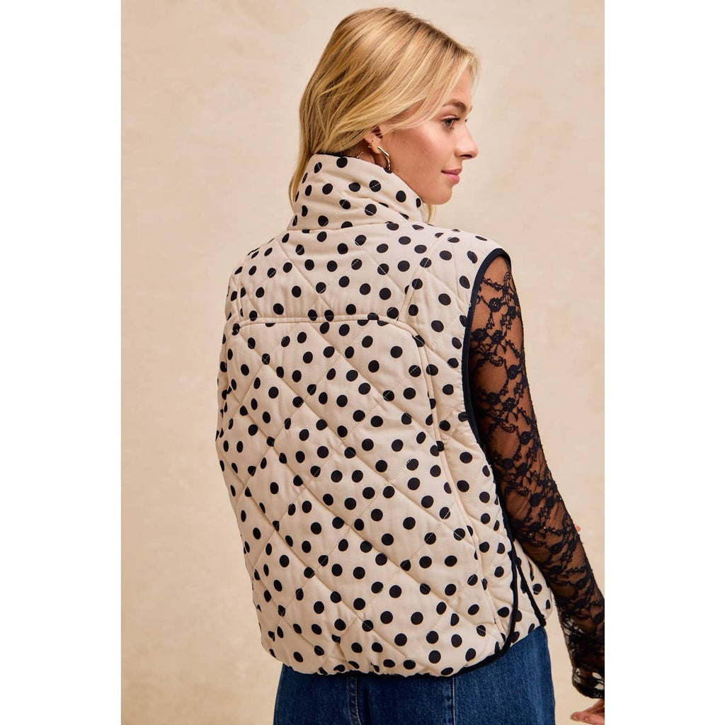 POLKA DOT PRINT PIPING DETAIL QUILTED VEST