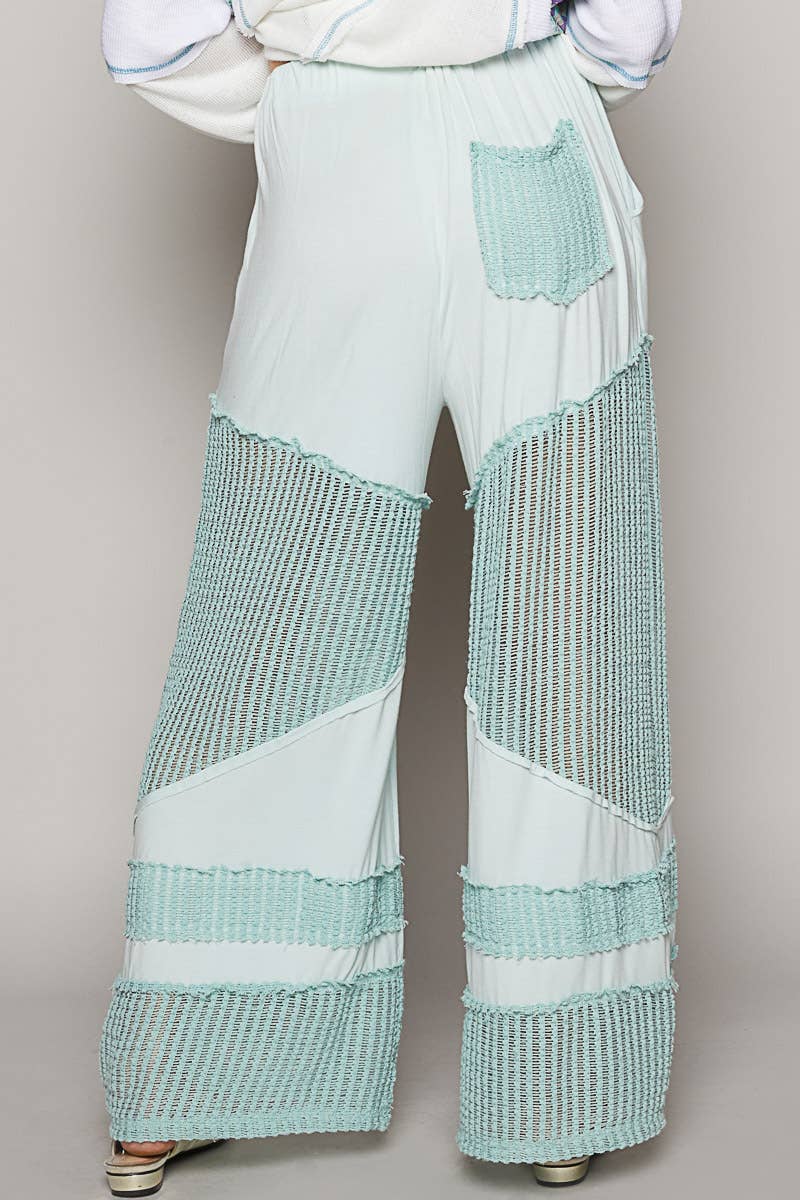 Contrast see through elastic waist knit culottes pants