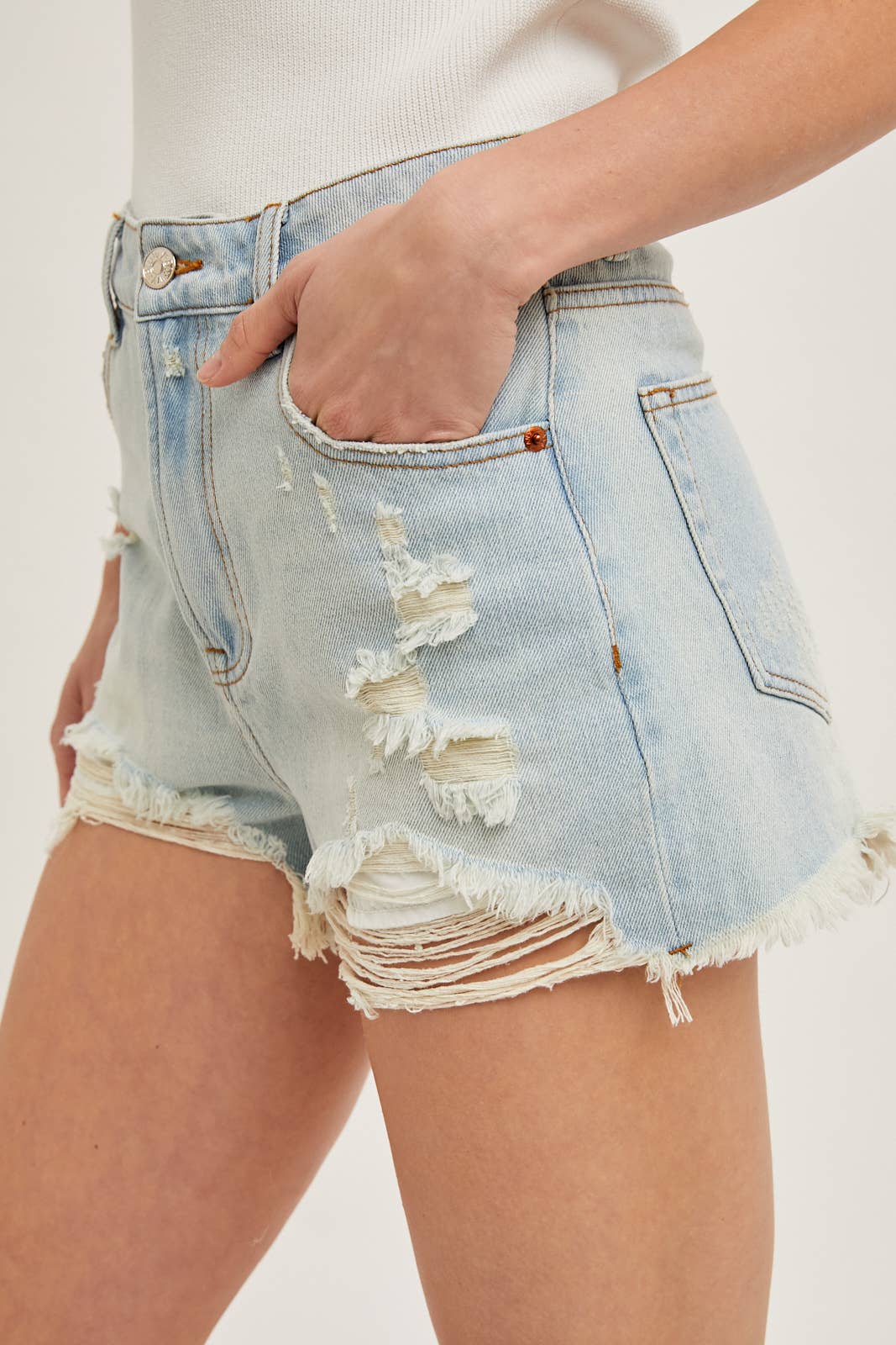 HIGH RISE DISTRESSED DENIM SHORTS