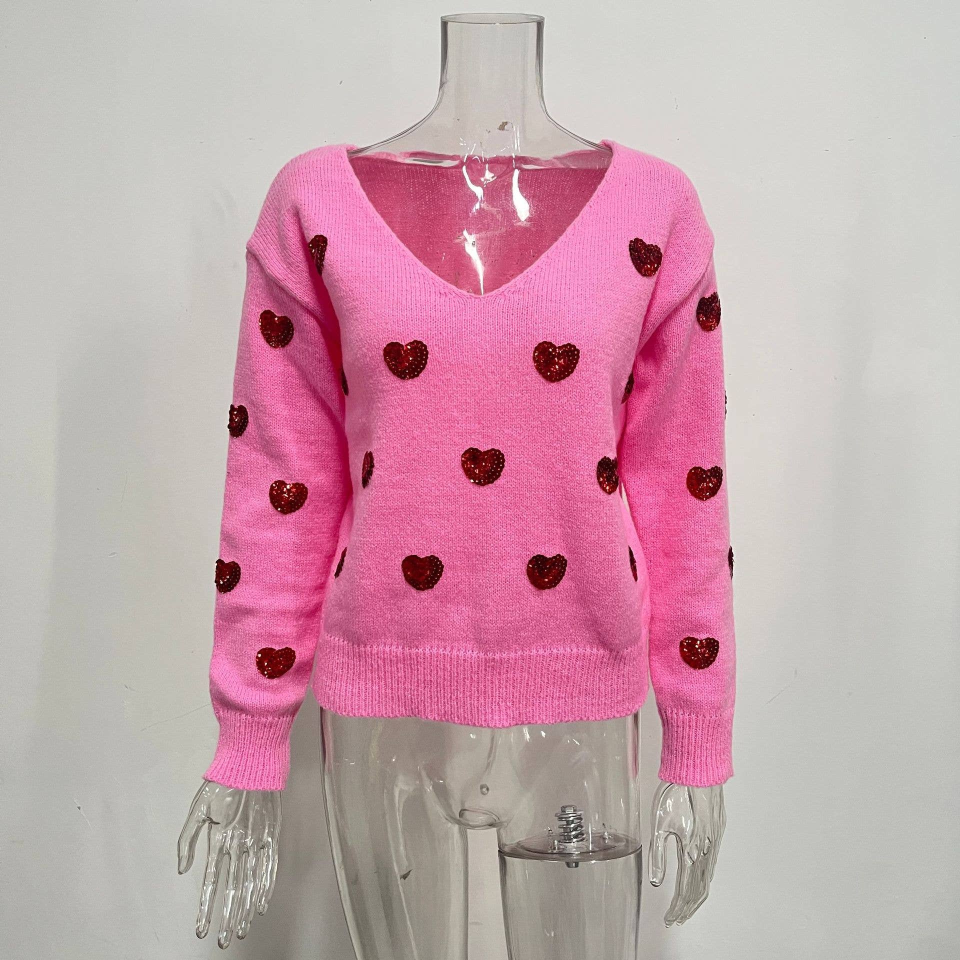 Valentines Sequin Heart Embroidered V-Neck Sweater