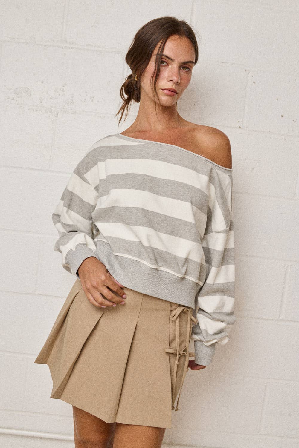 Off-shoulder Rugby Stripe Cropped Sweatshirt