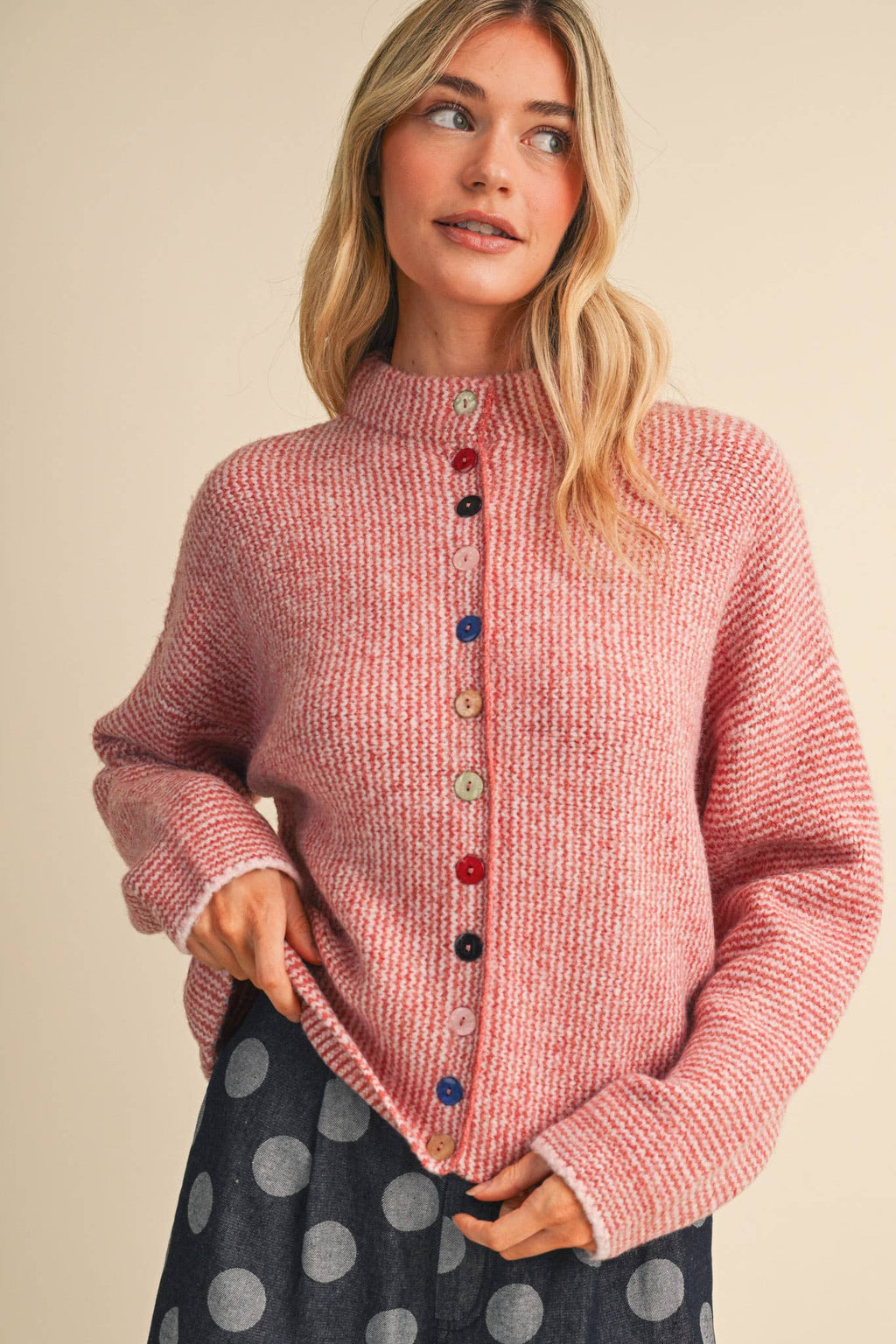STRIPED SWEATER CARDIGAN WITH COLORFUL BUTTONS