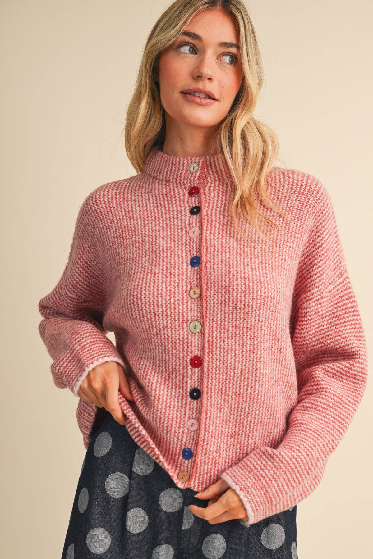 STRIPED SWEATER CARDIGAN WITH COLORFUL BUTTONS