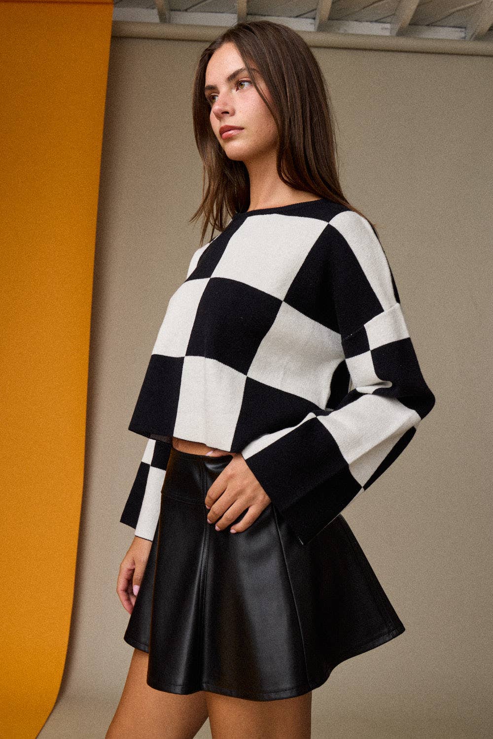 Sarah Round Neck Checkered LS Top