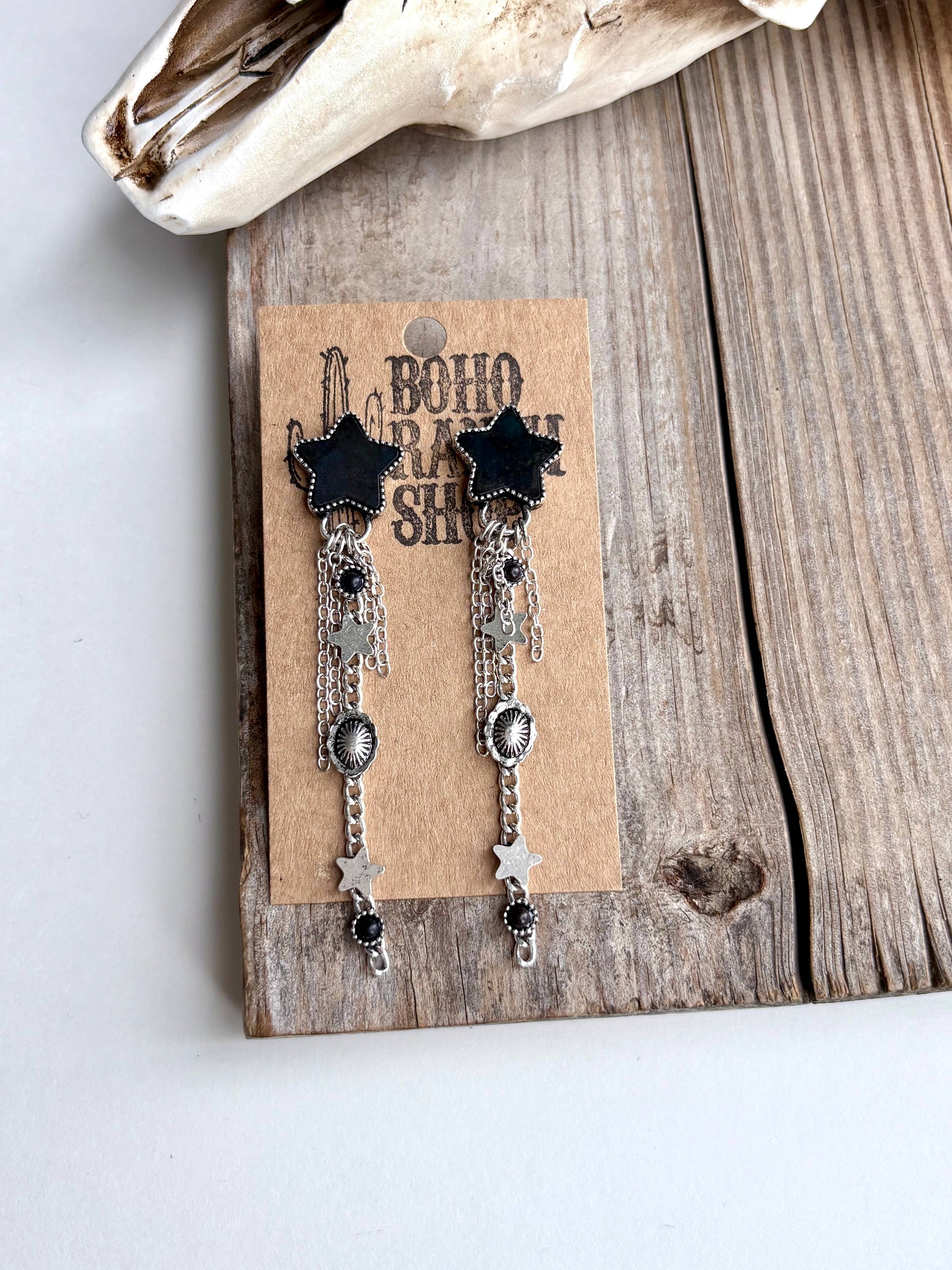 Western Star Stone & Chain Fringe Post Drop Earrings