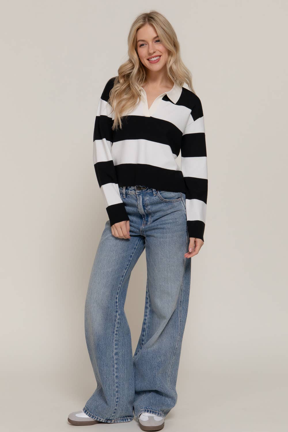 Long Sleeve Rugby Stripe Polo Swaeter
