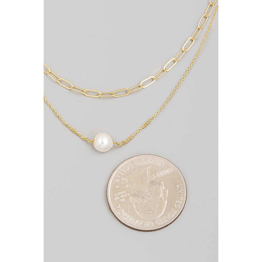 Layered Chain Link Pearl Ball Charm Necklace