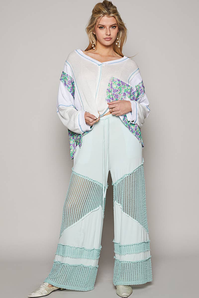 Contrast see through elastic waist knit culottes pants
