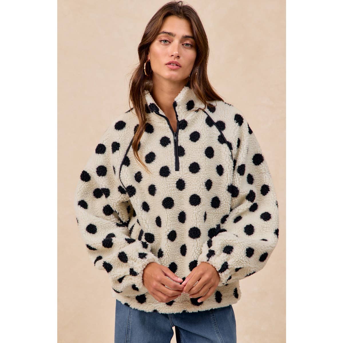 POLKA DOT SHERPA HALF ZIP UP TOP WITH SIDE POCKET