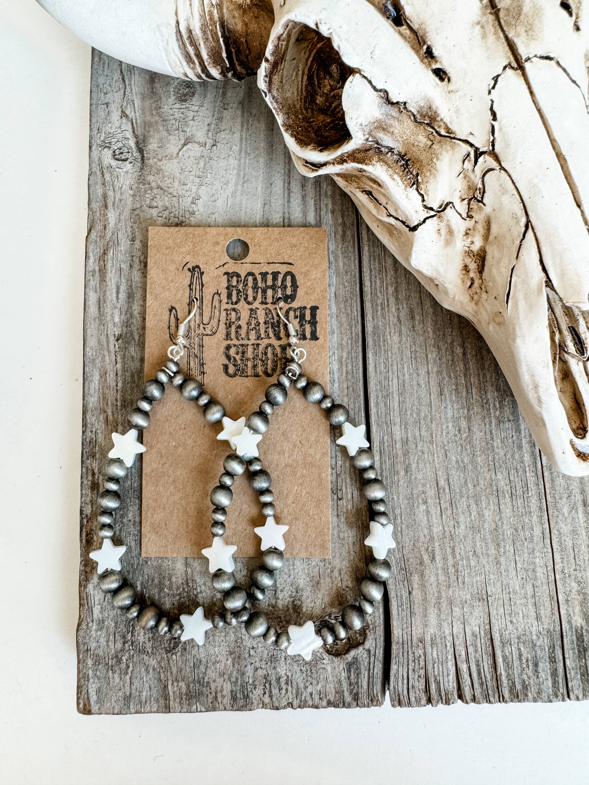 Navajo Style Pearl Teardrop Star Dangle Earrings