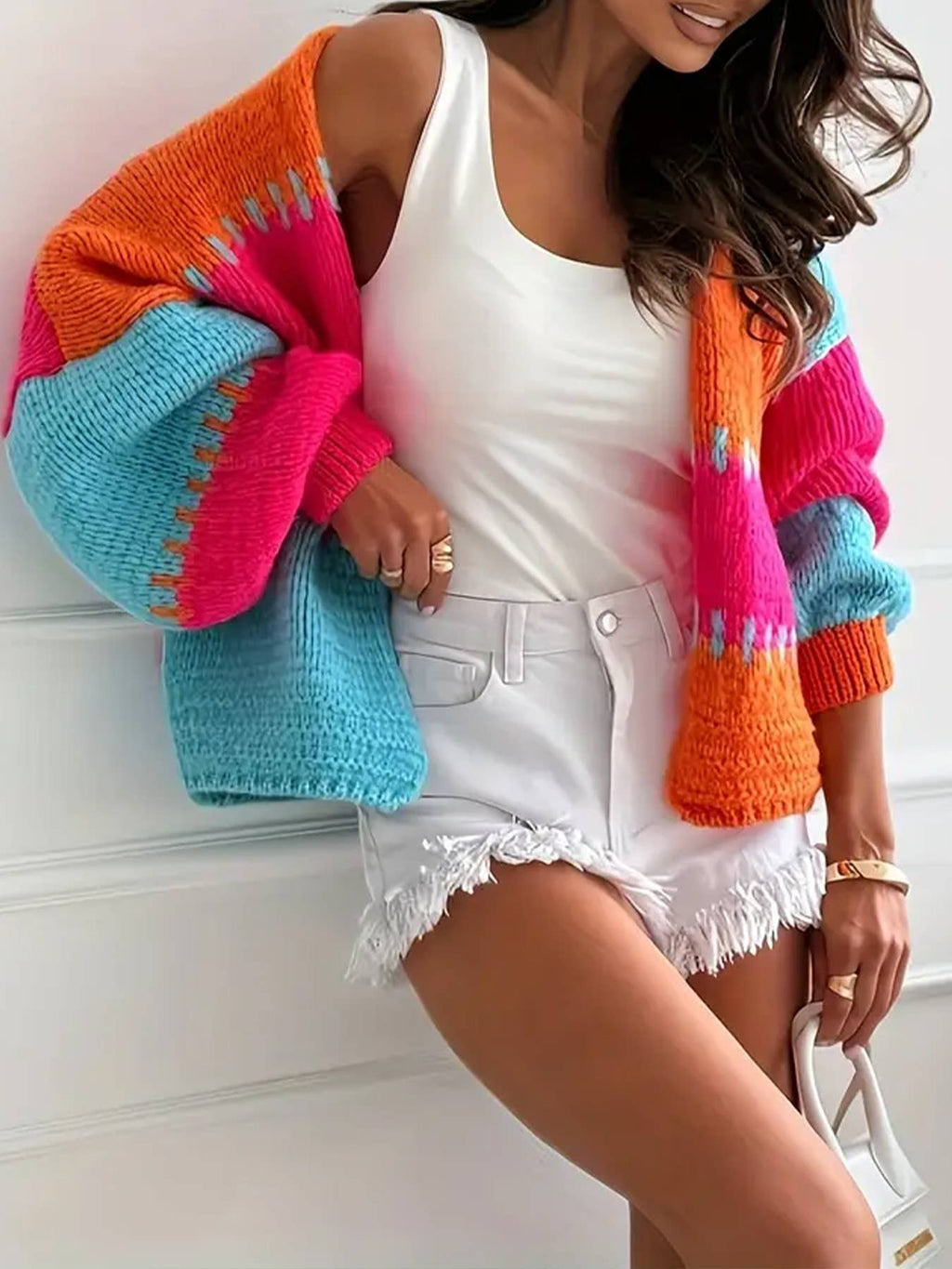 Colorblock Knit Cardigan Cozy Long Sleeve Open Jacket