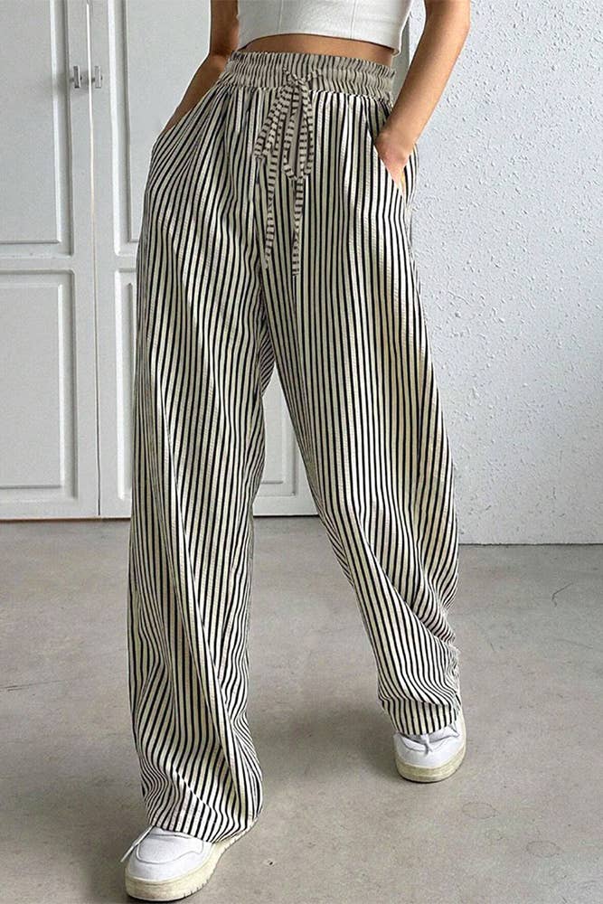 Black Stripes High Waist Pockets Pants
