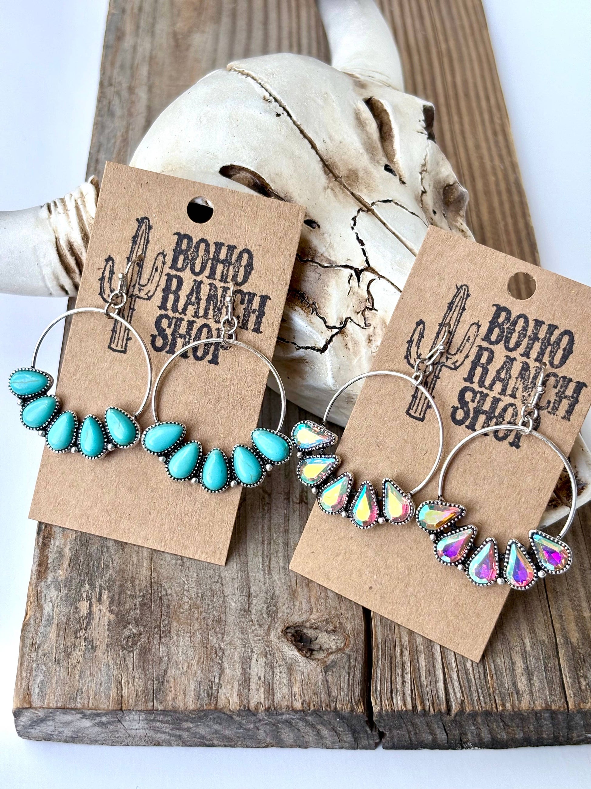 Western Teardrop Stone Hoop Dangle Drop Earrings