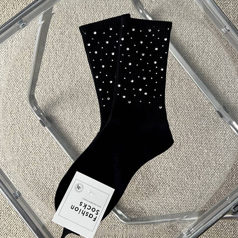 Rhinestone Ribbed Simple Cotton Socks