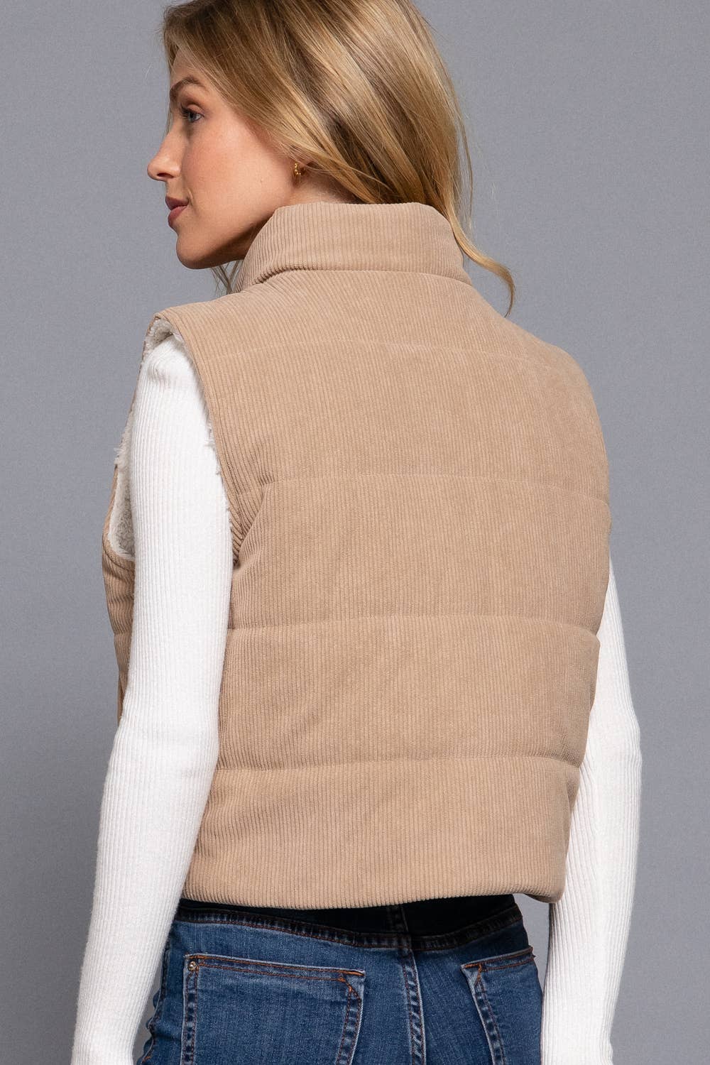 High Neck Inner Faux Fur Zip Up Corduroy Puffer Vest