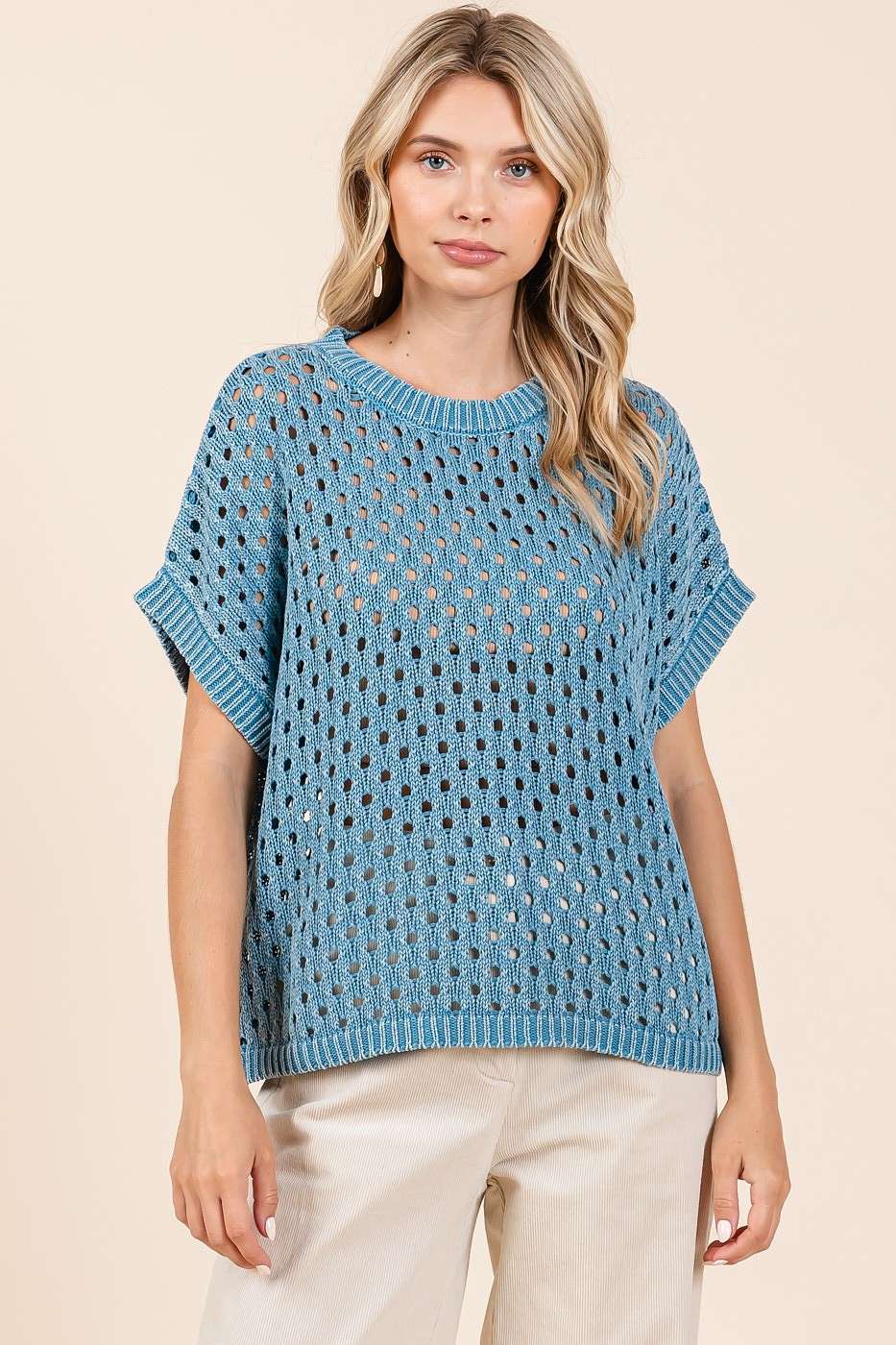 MINERAL WASH OPEN KNIT SHORT SLEEVE SWEATER TOP