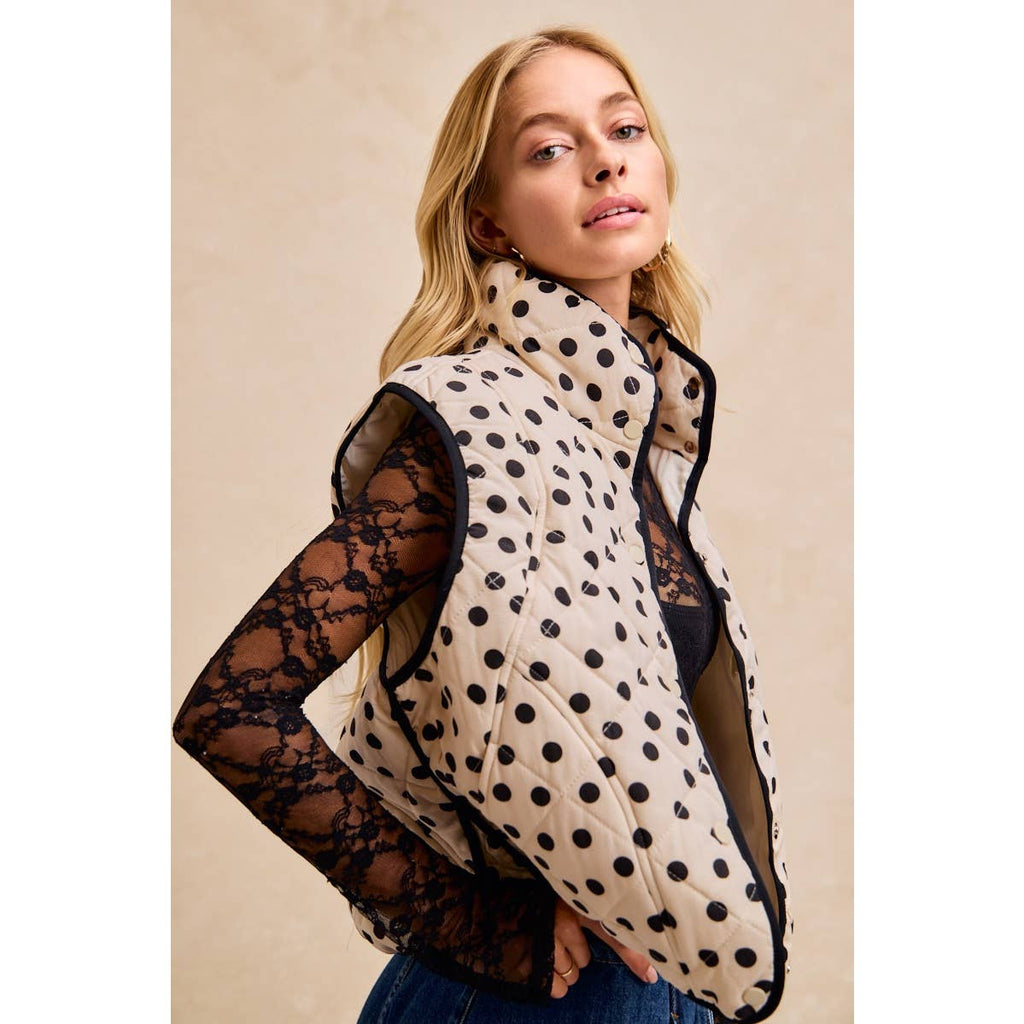 POLKA DOT PRINT PIPING DETAIL QUILTED VEST