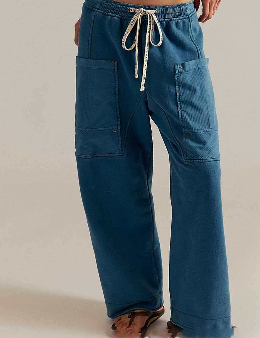 Ladies Elastic Drawstring Pockets Stright Leg Sweatpants