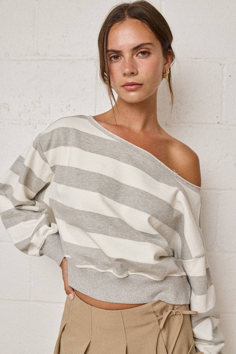 Off-shoulder Rugby Stripe Cropped Sweatshirt