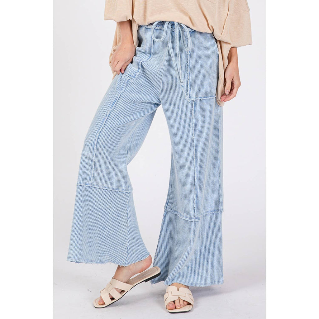 WAFFLE TEXTURED WIDE LEGS MINERAL WASHED PANTS