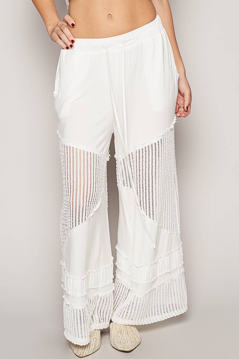 Contrast see through elastic waist knit culottes pants