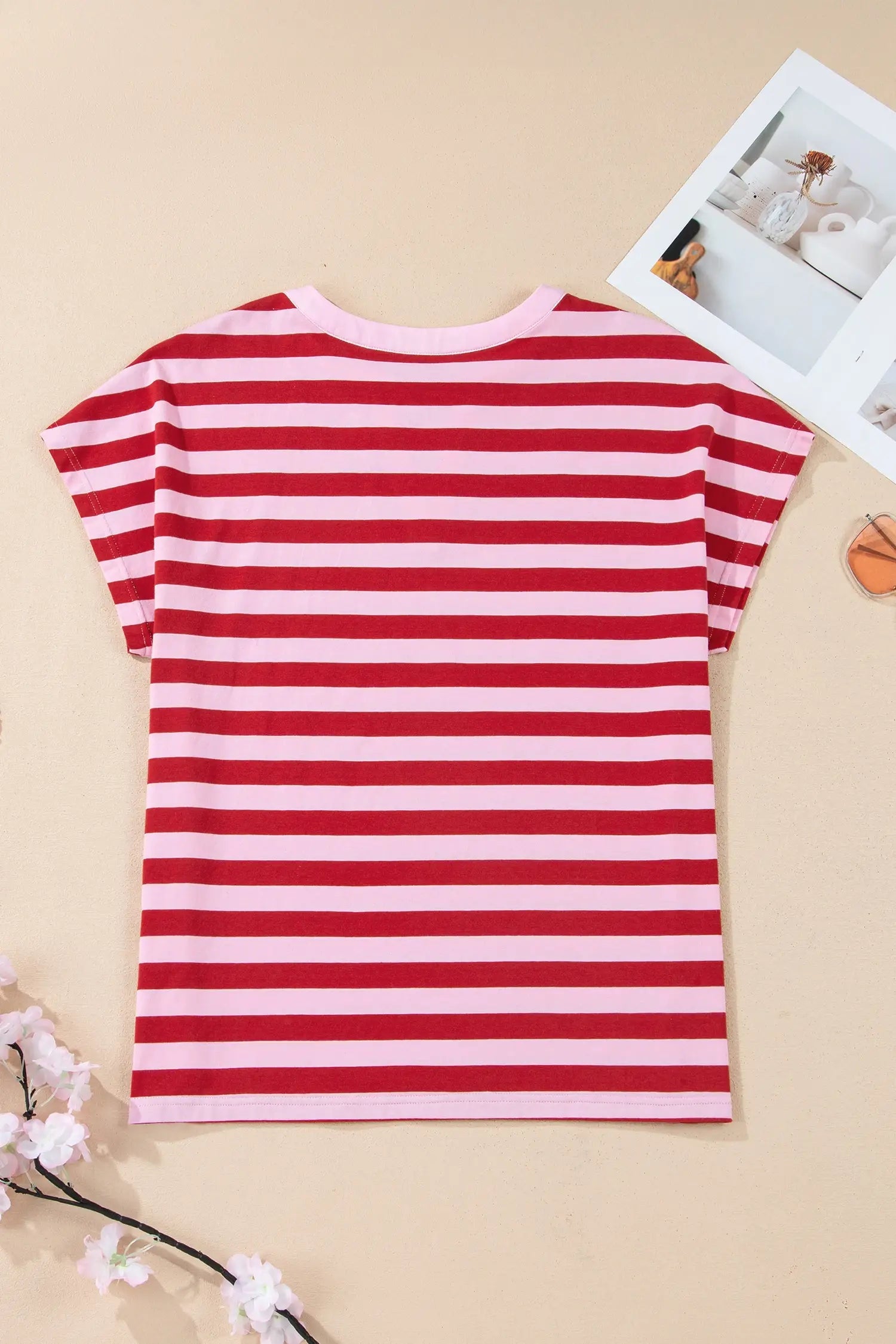 Stripe Split V Neck Casual T Shirt