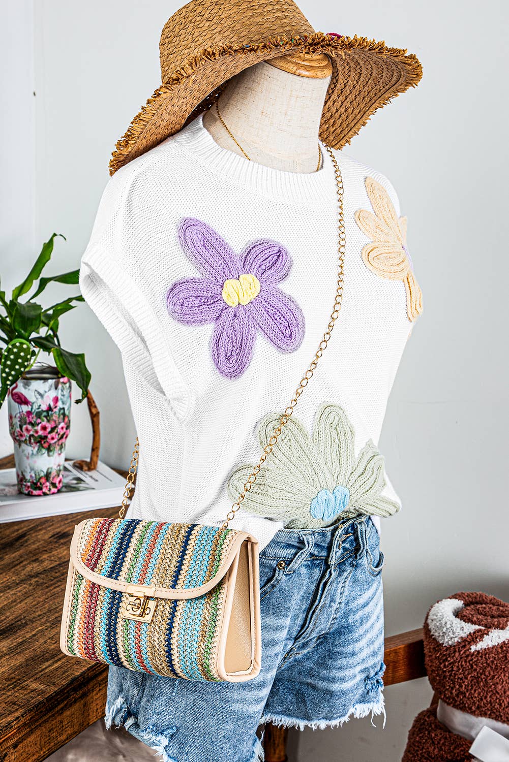 Fashion-W Crochet Flower Knit Short Sleeve Sweater Tops