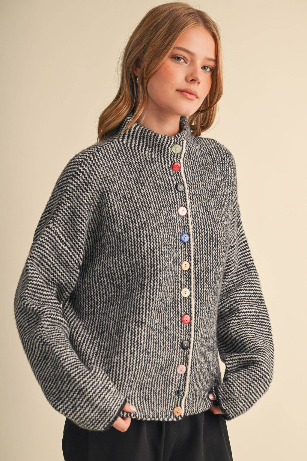STRIPED SWEATER CARDIGAN WITH COLORFUL BUTTONS