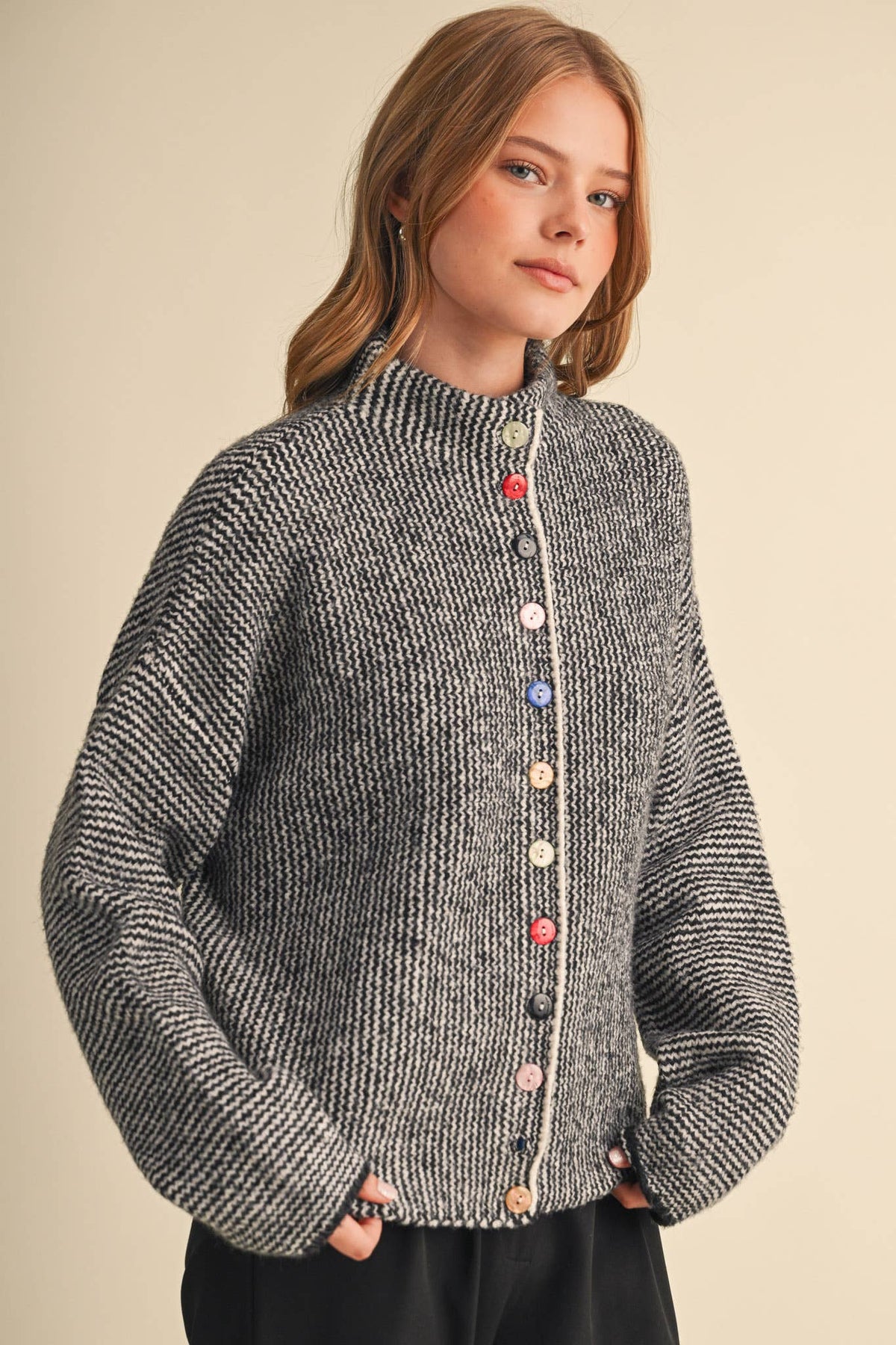 STRIPED SWEATER CARDIGAN WITH COLORFUL BUTTONS